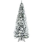 Goplus Snow Flocked Pencil Christmas Tree, 8FT Hinged Artificial Skinny Xmas Tree with White Berries, Poinsettia Flowers and Folding Metal Stand, Perfect for Holiday Indoor Décor