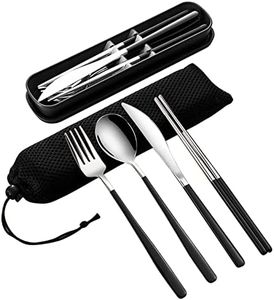 VANRA 4-Piece Portable Travel Utensils Set with Case 18/8 Stainless Steel Flatware Set Reusable Cutlery Set with Fork Spoon Knife Chopstick for Lunch Travel Camping School Work Picnic (Black)