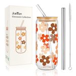 Joeyan 600ml Glass Drinking Cup with Lids and Straws, Bubble Tea Cup Iced Coffee Cup Floral Pattern Beer Can Glasses Tumbler Smoothie Cup Gift for Sister Friend Birthday Anniversary Valentine