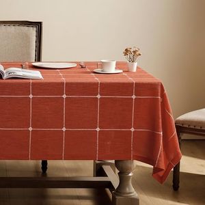 ZeeMart Grid Embroidered Hemmed Tablecloths, Orange 54x108 Inch, Farmhouse Style Heavy Weight Cotton Linen Burnt Orange Fall Tablecloths, Boho Plaid Water Resistant Rectangle Table Cloth