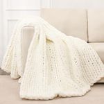 Chunky Knit Blanket Throw 40x60, Soft Chenille Yarn Knitted Throw Blanket, Chunky Chenille Blanket, Handmade Thick Cable Knit Throw, Plush Crochet Throw Blanket for Couch Bed Sofa (Ivory)