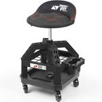 FreekyFit Shop Stool with Backrest for Garage Chairs – DO02 Heavy Duty Rolling Pneumatic Creeper for Padded Adjustable Mechanic Stool with Two Additional Tool Storage(Black)