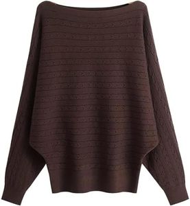 GXIN Jersey de Mujer Sin Hombros Manga murciélago Jersey Holgado Jersey Informal Jersey Oversize de Punto cálido (Jacquard-Marrón)