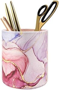 WAVEYU Pen Holder for Women Girls, Pencil Cup Pink Desk Decor, Makeup Brush Holder Large Pu Leather Multi-Functional Organizer Cup for Office, Classroom, Home, Colorful Marble