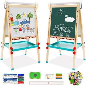 Pizarra de madera 2 en 1|Caballete Para Niños con Diseño de Pingüino con Rollo de Papel| Tablero Independiente de Doble Cara con Pegatinas Magnéticas Hacer Juegos de Letras