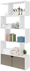 eSituro Libreria a 5 Ripiani con Scomparto ad Ante, Scaffale da Ufficio in Legno, Mobile Salvaspazio per Soggiorno, Camera da Letto, Studio, Bianco e Grigio