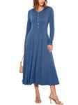 Glamaker Womens 2024 Fall Long Sleeve Midi Dress Casual Crew Neck A line Long Flowy Dress with Pockets, #Dark Blue, Large