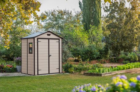 Keter Manor 6x5 ft Outdoor Garden Shed – Wood-Effect Resin, Double Doors, Beige/Brown