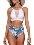 ZAFUL Women High Waisted Bikini Set Round Neck Mesh Tnak Two Piece Swimsuit Bathing Suit, A-white, Medium