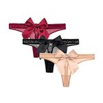 Women Lace Thong's T Back Low Rise Waist Underwear Sexy See-Through Mesh Panties Lace G-String with Exquisite Bow (Black+Red+Beige,XXL)