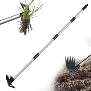 LAWFYMORI Extracteur de mauvaises herbes avec long manche de 150 cm, outil de jardinage manuel 2 en 1, râteau et binette de jardin, traction de désherbage robuste pour cour, pelouse, terrasse, jardin