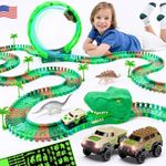 JITTERYGIT Dinosaur Jurassic Race Track Train Glow in The Dark World Toy Set, Kids Dino Racetrack Park Includes T-Rex & Triceratops Playset - Best Birthday Gift for Boys & Girls 3 4 5 6 7 8 Year Old