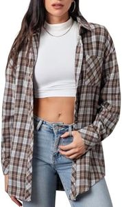 CHYRII Womens Button Down Flannel Shirts Long Sleeve Plaid Shacket Business Casual Blouse Tops 7157-Grey+Coffee XXL