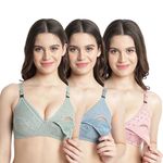 Zielen Women's Cotton Feeding Bra/Maternity/Nursing Bra Non Padded Wire Free Printed Maternity Bra for Women Pack of 3 (34, Blue-Pink-Green)