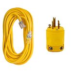 Bergen Industries Extra Heavy-Duty Outdoor Single Receptacle Extension Cord + Leviton 515PV 15 Amp Grounding Plug (Yellow)