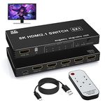 HDMI Switch 4K 120Hz 8K 60Hz, 5 In 1 Out HDMI Splitter Switch with IR Remote, 5 Port HDMI 2.1 Switcher HDMI Selector 5x1 HDR 48Gbps