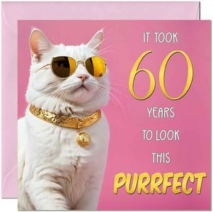 Tarjeta de cumpleaños 60 de gato para mujer, cumpleaños Purrfect, divertida tarjeta de cumpleaños de gato para mujer de 60 años, 60 años, abuela, abuela, tía, hermana, amiga, gatito