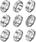 LOAYHOAY 9Pcs 8MM Stainless Steel Band Rings for Men Women Chain Rings Simple Brushed Wedding Engagement Rings Set 7-13 Silver Size10