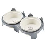 Ceramic cat bowls set with stand, 2-piece set, cat shaped pet food container dish (Grey)