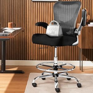 400LBS Drafting Chair, Tall Office Chair with Adjustable Lumbar Support&Footrest Ring, Comfy Extra Deep W-Shape Thicken Cushion, Breathable Mesh Standing High Desk Chair with Padded Flip-up Armrests