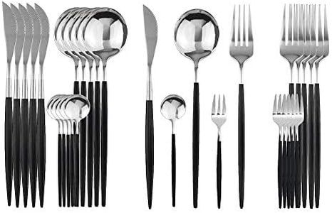 PILER 30pcs Service for 6 Polished Cutlery Set 18/0 Stainless Steel Utensil, Black Handle For Daily Use, Dishwasher Safe (Black Silver)