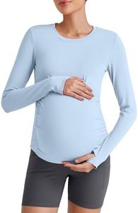 G4Free Maternity Tops for Women Yoga Workout Pregnancy Long Sleeve Shirts with Thumb Holes Ruched Basic Tees Activewear(Light Denim,XXL)