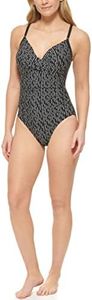 Calvin Klein Women's Standard V-Neck Twist Front Tummy Control One Piece Swimsuit, Black Morse Stripe, 12