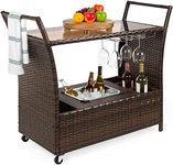 Best Choice Products Outdoor Rolling Wicker Bar Cart w/Removable Ice Bucket, Glass Countertop, Wine Glass Holders, Storage Compartments - Brown