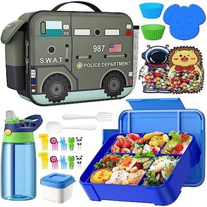 TIME4DEALS Bento Box for Kids with Insulated Lunch Bag, Lunch box Set with Kids Water Bottle, Ice Pack, Utensils, Sauce Container, Lunch Container for Kids, Toddlers, Boys Age 3-15(Black Police Car)