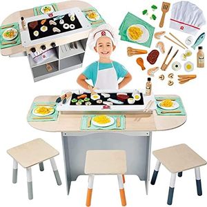Hibachi Grill Wooden Kids Playset- Stools, Table Settings, 25+ Toy Food PCs | Noodles, Tongs, Meats Veggies- Everything Little Chef Needs for Pretend Play, Indoor Japanese Restaurant Activity Stand Gift