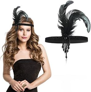 WLLHYF Diadema de plumas de los años 20, accesorios para el cabello con diamantes de imitación brillantes negros para mujeres y niñas, decoración de fiesta de graduación (cuentas negras)