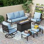 PHI VILLA Patio Furniture with 1 x 45 Metal FirePit Table, 1 x 3-Seat Wide Deep Seating Bench, 2 x Swivel Sofa Chairs & 2 Ottomans, 5.75" Thick Cushioned Outdoor Conversation Set for 5, Light Blue