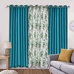 MEGA CART HOME Heavy Polyester Floral 8Ft Door Curtain, Printed Drapes Grommet Room Darkening Panel Eyelet Use for Home/Office, Living Room - Pack of 3, Aqua