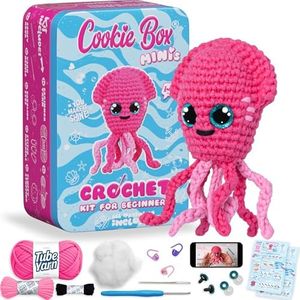 Cookie Box Crochet Kit for Beginners – Gift Set to Make Squid Inky Amigurumi Plushie – Easy DIY Crochet & Knitting Starter Kit with Printed Instructions & Step-by-Step Video Tutorial