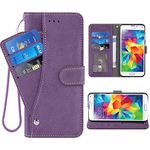 ELISORLI Compatible with Samsung Galaxy S5 Wallet Case and Wrist Strap Lanyard Leather Flip Card Holder Stand Cell Phone Cover for Glaxay S 5 Neo Gaxaly 5S Galaxies GS5 G900A G900T Women Men-Purple