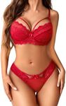 Avidlove Lingerie For Women Sexy Underwire Cute Push Up Strappy Lingerie Set Lace Panty Bra (Red, Large)