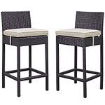 Carry Bird Rattan Wicker Outdoor Bar Chair Set of 2 | High Bar Chair Combo With High Density Wicker For Bar/Clubs/Café/Indoor | Garden Outdoor Furniture for Beaches & Restaurants | Bar Stool Set for Kitchen Dining with Leg Support | Patio Bar Stools 2 Chairs For Balcony, Backyard, Terrace, Lawn & Poolside | Standard Leather Brown, Grey Cushion