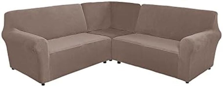 MIFXIN Sectional Corner Sofa Covers 5 Seat L-Shaped Sectional Couch Slipcovers 3 Piece Velvet Stretch Soft Washable Furniture Sofa Protector for 5-Seater Corner Sofas (Taupe)