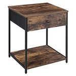 SONGMICS Rustic Nightstand, Industrial Bedside Table with Drawer, 2 Shelves, Fabric Drawer Dresser, End Table with Wooden Top and Front, Rustic Brown and Black ULGS20H