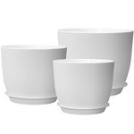 PROFIKLA 20cm, 18cm, 16cm Plastic Plant Pots, Plant Pots with Drainage Holes and Saucers, A Set of 3 Flower Pots, Modern Decorative Planters, White