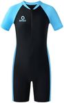 karrack Girls and Boys One Piece Rash Guard Swimsuit Kid Water Sport Short Swimsuit UPF 50+ Sun Protection Bathing Suits, Black- Blue, 8-10 Years