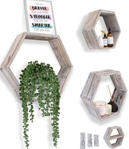 Comfify Rustic Wall Mounted Hexagonal Floating Shelves – Set of 3 Honeycomb Shelves – Screws and Anchors Included - Farmhouse Decor – Honeycomb Wall Décor - Rustic White