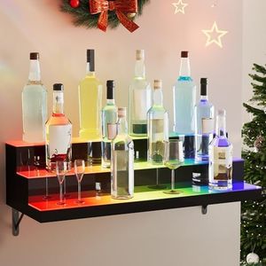 YITAHOME LED Light Liquor Bottle Display Shelf, 3-Step 30-inch Wall Mounted Wine Rack, Acrylic Liquor Shelf with Wine Glass Holder Slots, Remote & App Control for Home Commercial Bar