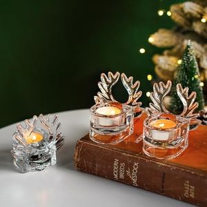 H&D HYALINE & DORA Clear Glass Christmas Reindeer Candle Holder Set of 3 Tealight Holder Votive Glass Candle Holder for Holiday Table