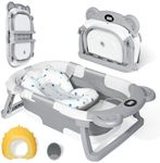 IvyWind Collapsible Baby Bathtub for Newborn with Thermometer, Soft Bath Cushion, Bath Brush & Shower Cap, Portable Foldable Infant Bath Tub with Drain Hole & Anti-Slip Legs, 0-24 Months, Grey