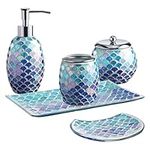 Bathroom Accessory Set | 5-Piece Decorative Glass Bathroom Soap Dispenser Set | Soap Dispenser, Tray, Jar, Toothbrush Holder | Elegant Blue Mosaic Glass Mermaid Bathroom