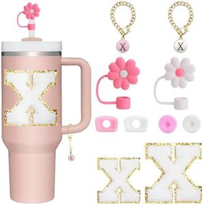 BABORUI 10Pcs Cup Accessories for Stanley Cup 40oz&30oz, Personalized Decoration with Straw Cover Cap, Spill Stopper, Embroidered Letter Sticker and Letter Charms, Initial Name ID for Stanley (X)