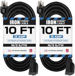 IRON FORGE CABLE 2 Pack Outdoor Extension Cord 10 ft, 16/3 SJTW Heavy Duty Black Extension Cord 3 Prong, 13 Amp Weatherproof Exterior Power Cable for Outdoor Lights, Lawn, Landscaping