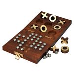 STAR CRAFT Wooden Game Solitaire And Tic Tac 2 In1 Game Handcrafted Pure Rosewood Noughts And Crosses Brass Work Zeero Kata Game (2 Palte Game), Adults