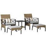 Outsunny 5 Piece PE Rattan Garden Furniture Set, 2 Armchairs,2 Stools, Steel Tabletop with Wicker Shelf, Padded Outdoor Seating, Khaki